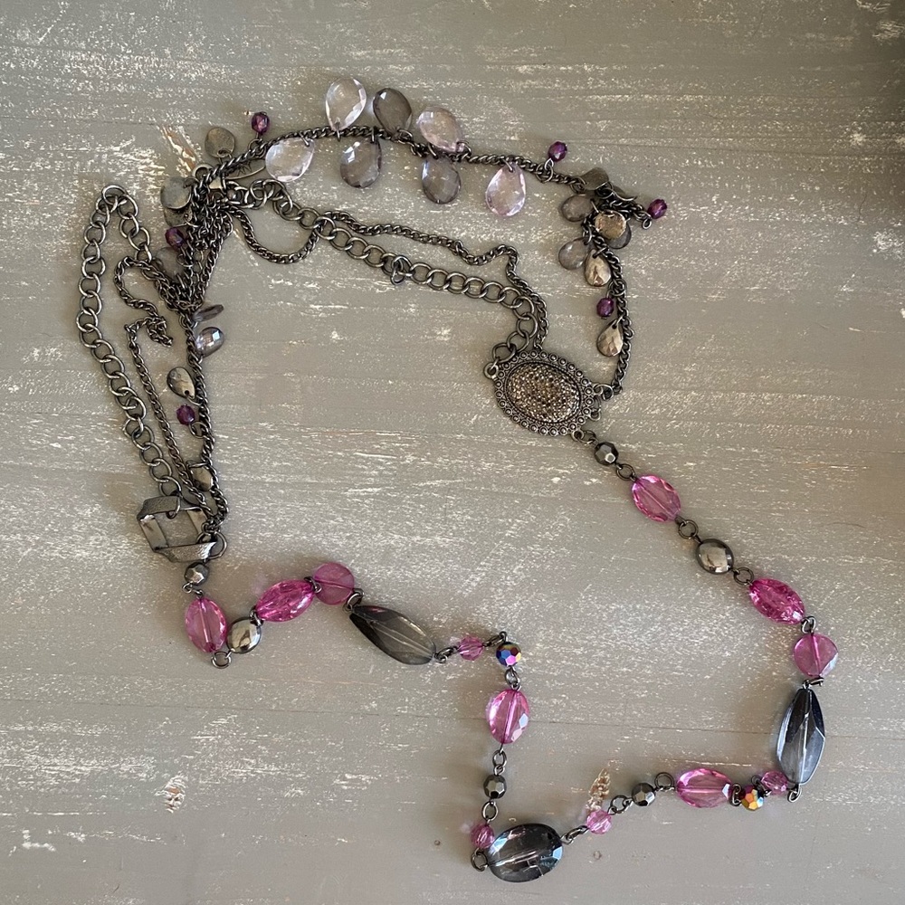 Long Statement Necklace Black Purple Rhinestone Rock NEW Vintage